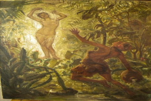 Ein Gemälde eines Mannes und einer Frau in Not, umgeben von üppiger Dschungelvegetation, mit leuchtenden Farben und detaillierten Elementen.