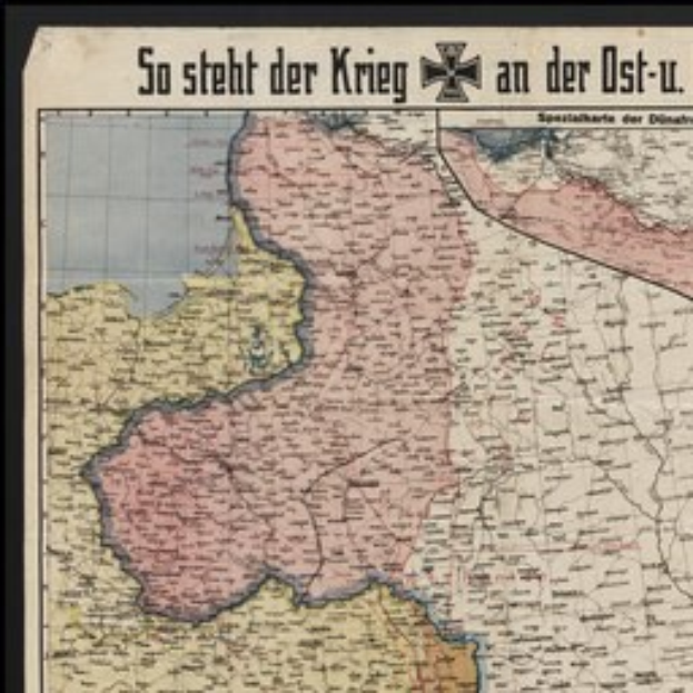 Ein gerahmtes Deutschland-Karte mit der Beschriftung "So Steht der Krieg an der Ost-U" darüber.