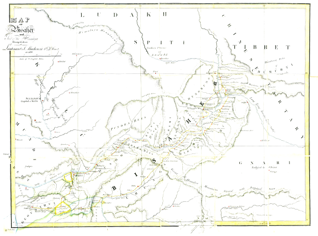 Eine 19. Jahrhundert-Karte des britischen Reichs, die die Himalaya-Gebirge hervorhebt, mit detaillierten Textanmerkungen.
