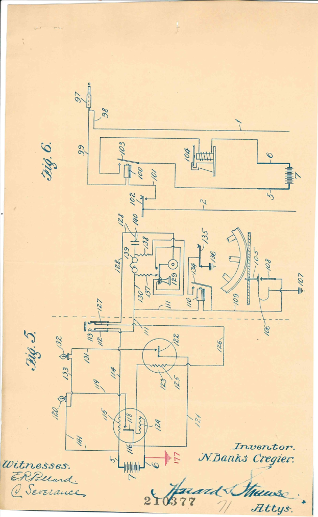 Eine handgezeichnete Schaltplanzeichnung auf Papier mit Patenttext, die Widerstände, Kondensatoren, Transistoren und Pfeile für die Stromrichtung zeigt.