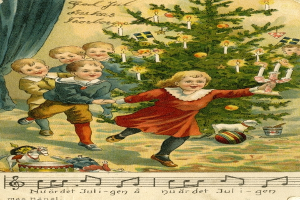 Ein altes Weihnachtsgrußkarte, das Kinder zeigt, die um einen geschmückten Weihnachtsbaum mit Kerzen, Kugeln und anderen Schmuckstücken spielen, mit einem Vorhang im Hintergrund und Text unten.