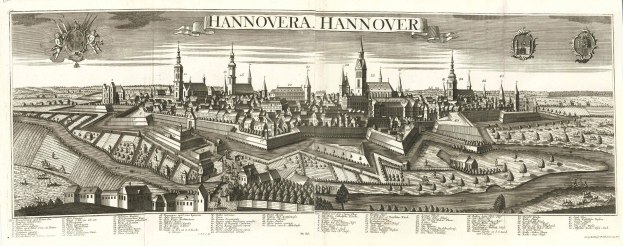 Schwarz-weißes Gravur von Hannover, Deutschland, mit zentralen Gebäuden und Bäumen mit Text oben und unten.