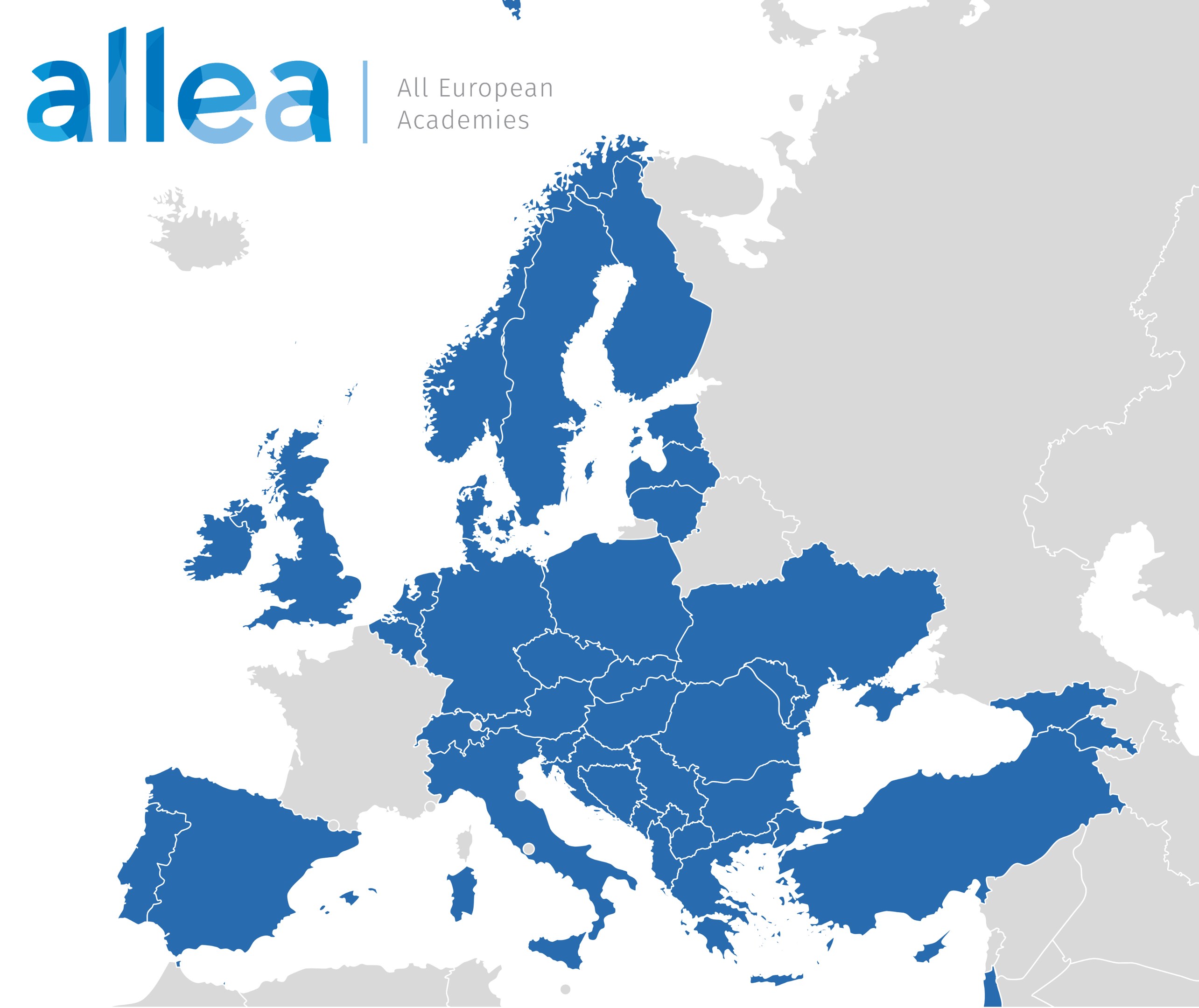 Eine Europa-Karte mit allen europäischen Akademien in Blau hervorgehoben und dem Text "ALLEA Alle Europäischen Akademien".