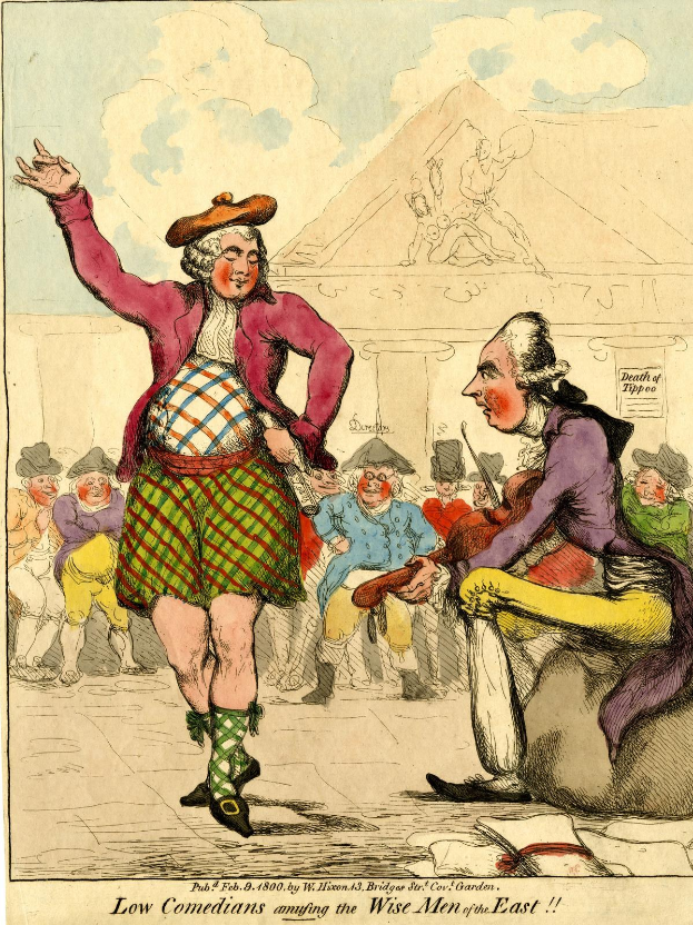 Cartoon eines Mannes in einem Kilt und einer Frau in einem Kleid, die vor einer Menge stehen, mit einem Gebäude und Wolken im Hintergrund und Text unten, der 'Niedrige Komiker amüsieren die weisen Männer des Ostens' liest.