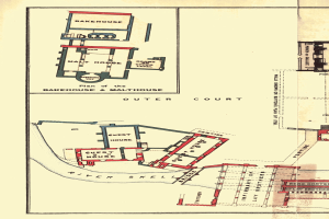 Ein altes Gebäude mit mehreren Zimmern und einem Haus, das eine detaillierte Beschreibung enthält.
