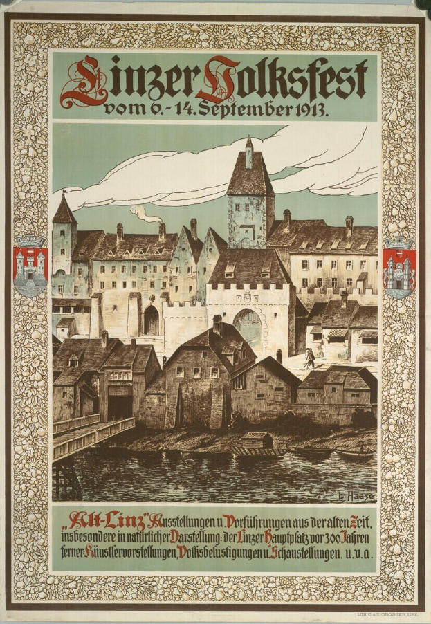 Ein altes Plakat für ein Festival in Deutschland, das ein Schloss zeigt, umgeben von Häusern mit Texten, die Festival-Informationen enthalten.