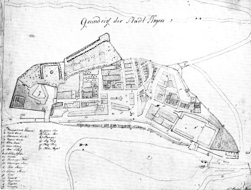 Schwarz-weiß-Karte von Stadt Sigra, Deutschland, zeigt einen detaillierten Stadtplan mit zahlreichen Gebäuden und Textanmerkungen.