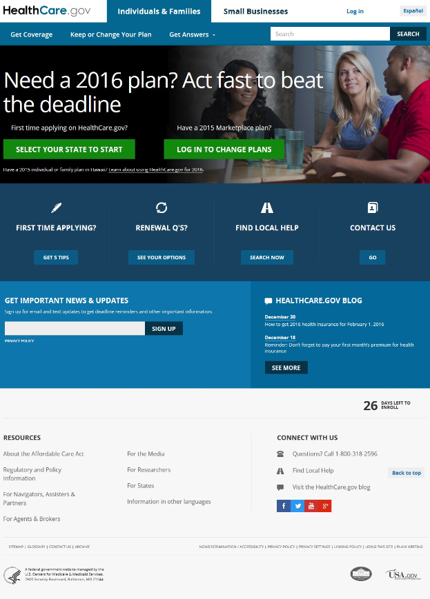 Webseite der HealthCare.gov-Seite zeigt eine Gruppe von Menschen, die um einen Tisch sitzen, mit Gläsern und anderen Gegenständen, mit dem Webseitentitel und Informationen.