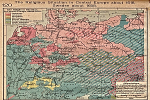 Plakat mit einer 1618-Karte von Mitteleuropa mit detaillierten Texten zur religiösen Situation.