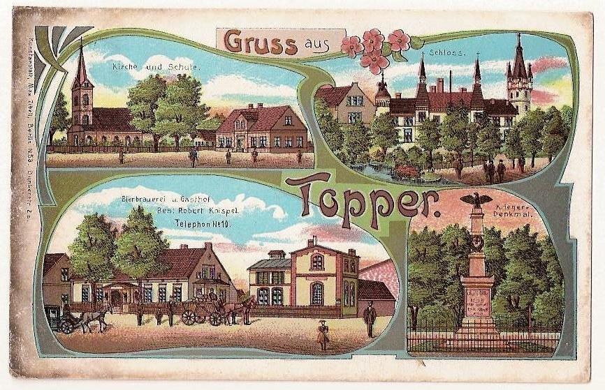 Alte Ansichtskarte, die eine deutsche Stadt mit Gebäuden, Bäumen, Menschen, Karren, einer Statue, einem Zaun und einem bewölkten Himmel zeigt, mit handgeschriebener Text auf der Vorderseite.