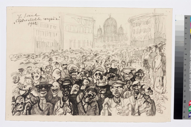 Schwarze und weiße Zeichnung einer Menge, die vor einem hohen Gebäude protestiert, mit einigen, die schreien und gestikulieren, und Farbskalen auf der rechten Seite.