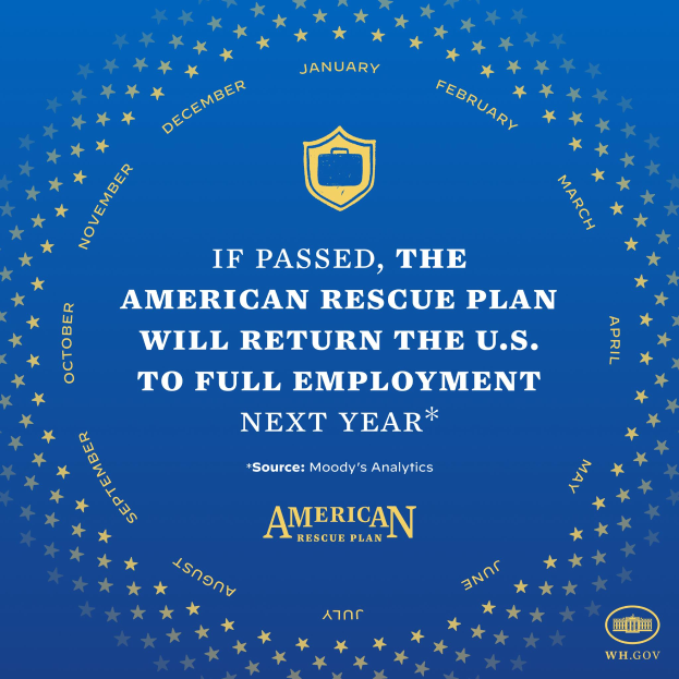 Ein blaues Plakat mit Text und einem Logo, auf dem steht: "Wenn verabschiedet, wird das American Rescue Plan die USA im nächsten Jahr wieder zur Vollbeschäftigung führen."