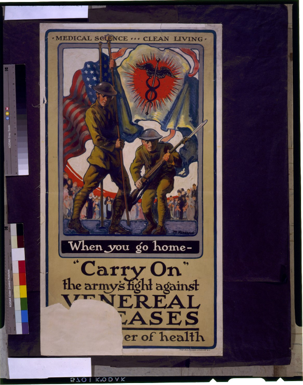 Ein Plakat mit zwei bewaffneten Personen, die eine Fahne halten, und einem Text, der die Fortsetzung des Kampfes der Armee gegen gesundheitliche Probleme fordert.