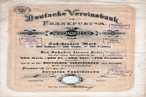 Altes deutsches Aktienzertifikat der Deutschen Vereinsbank in Frankfurt auf Papier gedruckt mit Text.