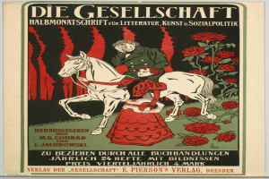 Ein deutsches Propagandaplakat der Gesellschaft, das einen Mann und eine Frau auf einem Pferd zeigt, umgeben von Rosen, mit Text, der eventuelle Informationen enthält.