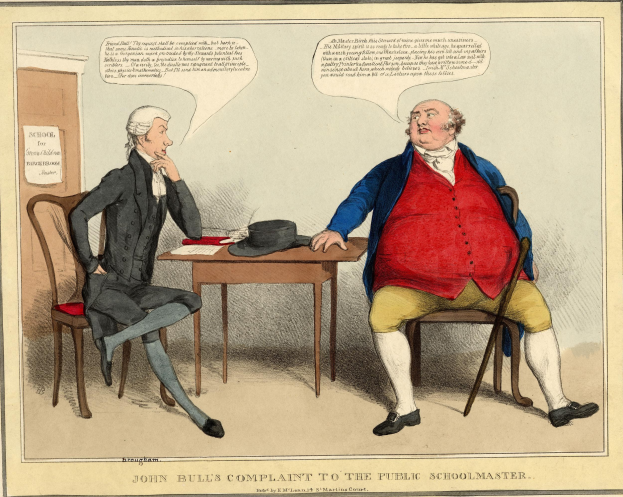 John Bull, ein Mann mit Zylinder, sitzt einem Schulmeister gegenüber an einem Tisch mit Papieren und einem Hut, während eine weitere Person in der Nähe sitzt; im Hintergrund sind eine Tür und ein Papier an der Wand zu sehen.