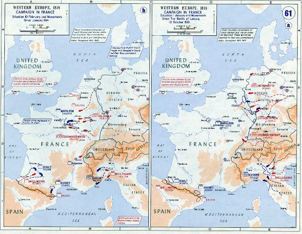 Eine historische Karte von Europa während der Schlacht von Leipzig, aufgeteilt in Abschnitte für Europa und Frankreich, mit beschrifteten Regionen, Städten und geografischen Merkmalen.