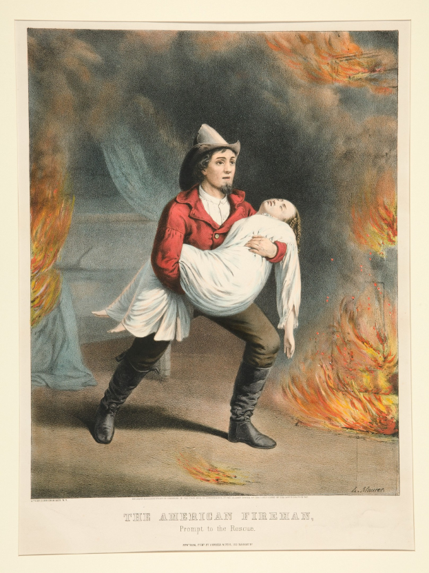 Amerikanischer Feuerwehrmann, der eine Frau in seinen Armen trägt, vor Feuer und Rauch, mit dem Text "The American Fireman, Prompt to the Rescue" unten.