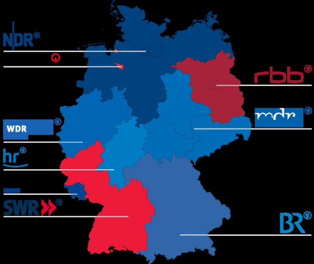 Karte von Deutschland mit roten und blauen Provinzen, die die Ergebnisse der Wahl 2016 anzeigen, einschließlich der Namen der Kandidaten und weiterer Details zum Wahltermin.