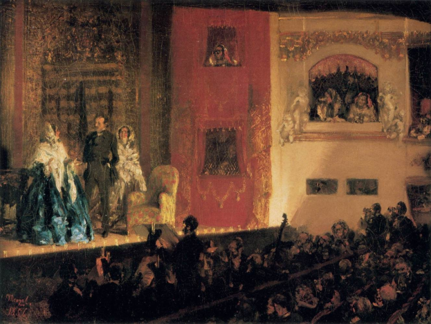 Gemälde 'Die Oper' (1856) zeigt eine Gruppe von Darstellern auf der Bühne mit Instrumenten und sitzenden Stühlen vor einem Publikum und einer Wand im Hintergrund.