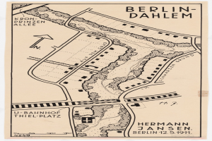 Detailierte Stadtplan-Poster von Berlin-Dahlem, Deutschland, mit Straßen, Gebäuden und Sehenswürdigkeiten, begleitet von informativem Text über die Geschichte, Kultur und Attraktionen der Stadt.