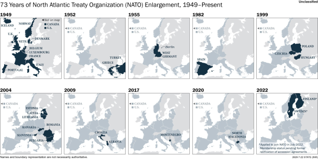 Karte zeigt die NATO-Erweiterung von 1949 bis heute, farblich nach Jahr der Aufnahme unterteilt.