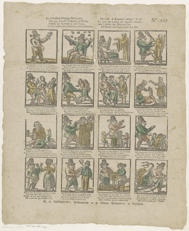 Eine Buchseite mit einer Zeichnung eines Mannes in Hut und einer Frau in Kleid, die sich streiten, umgeben von Text und anderen Illustrationen.