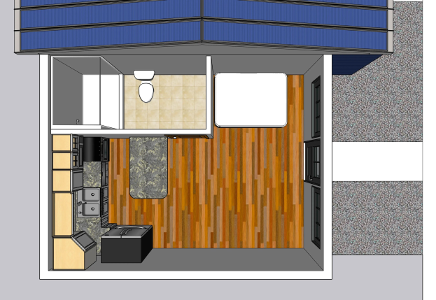 Schwarz-weißer Grundriss eines Tiny Houses mit einer Küche und einem Wohnbereich, einschließlich einer Toilette, einem Waschbecken und Schränken.