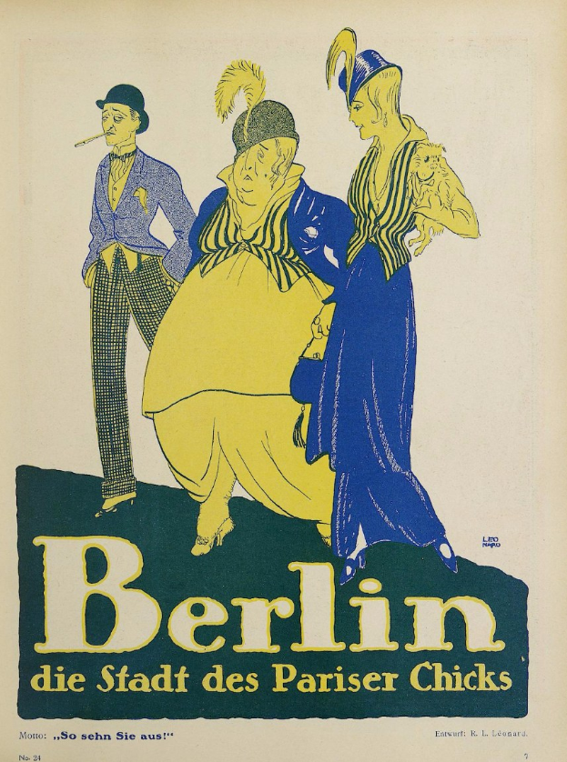 Plakat für ein Konzert in Berlin, Deutschland, das eine Gruppe von Menschen in bunter Kleidung vor einem Gebäude zeigt mit dem Text "Berlin - Die Stadt des Pariser Chicks" oben.