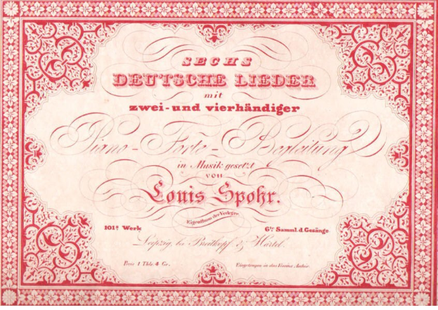 Altes deutsches Aktienzertifikat mit der Aufschrift 'Louis Spohr - Zweites Deutsches Lieder' mit einem roten Rand und einem weißen Hintergrund.
