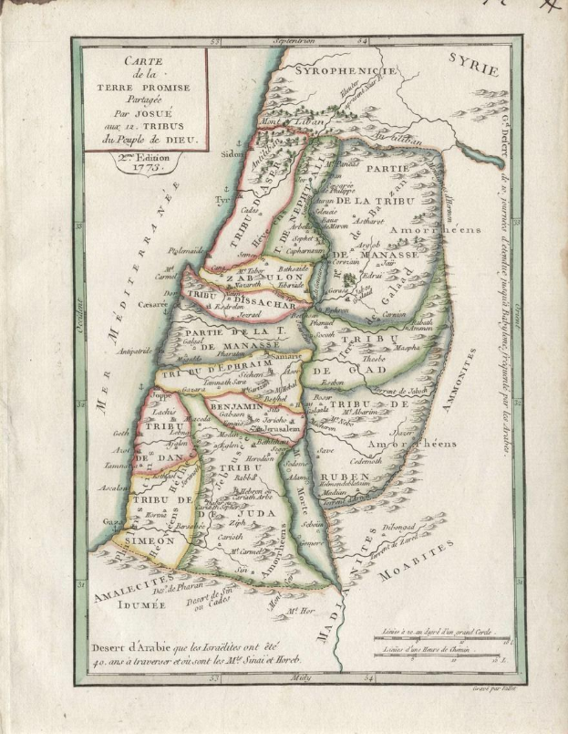 Ein altes Buch mit einer detaillierten Karte des Nahen Ostens und Israels, begleitet von Text, der geografische Merkmale und Orte beschreibt.