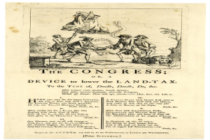 Ein Blatt mit einer Zeichnung einer vielseitigen Gruppe von Menschen in traditioneller Kleidung und der Inschrift "Der Kongress oder, Gerät zur Senkung der Grundsteuer" in fetter Schrift, umgeben von einem dekorativen Rahmen.