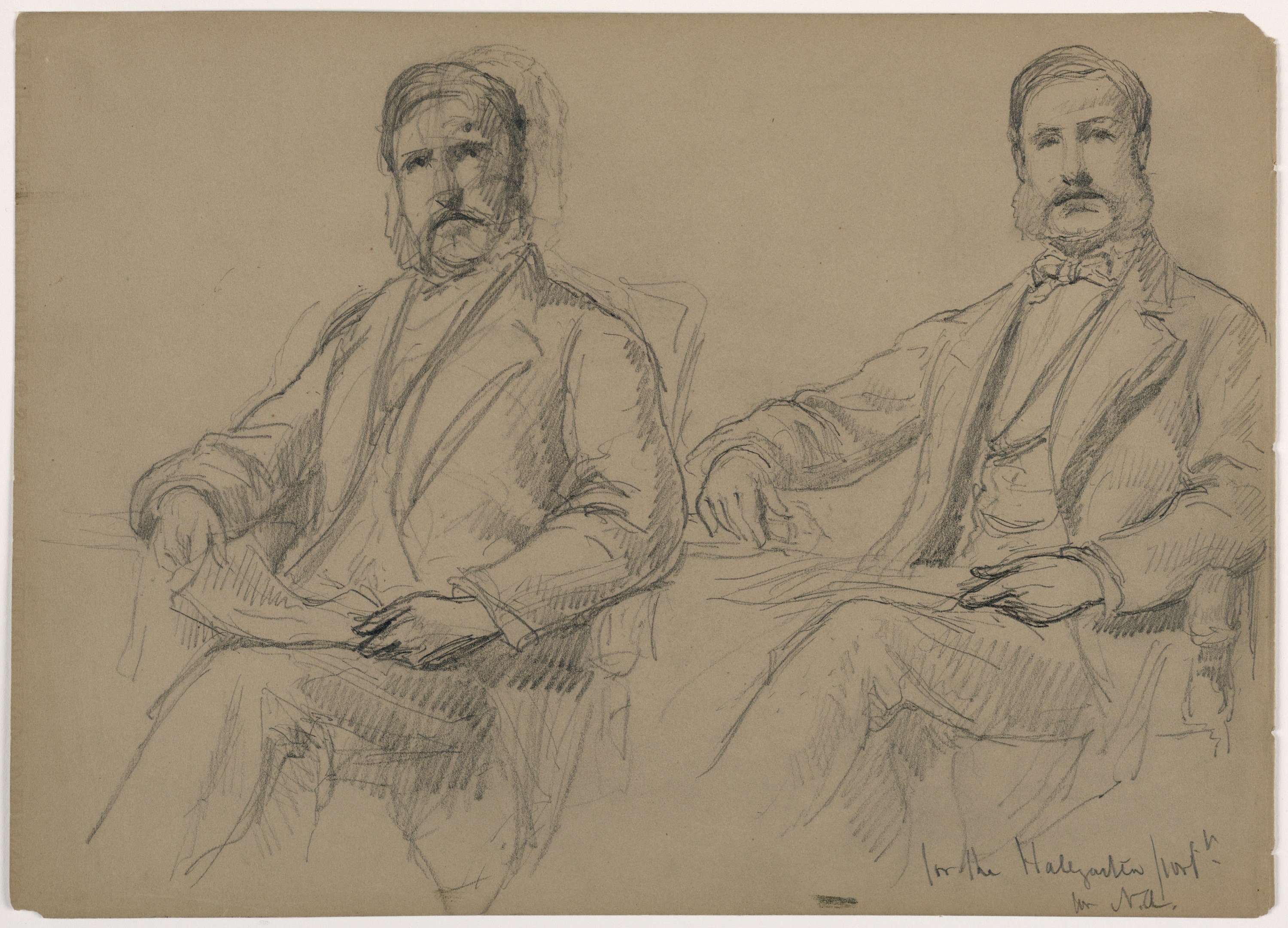 Zwei Männer in Anzügen sitzen nebeneinander auf Stühlen und blicken ernst auf ein Papier mit teilweise sichtbarem Text.