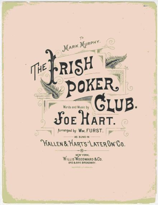 Ein Plakat mit der Aufschrift "The Irish Poker Club" in fetter schwarzer Schrift auf einem weißen Hintergrund, eingerahmt von einem schmalen schwarzen Rand, mit einer bunten Shamrock-Illustration.