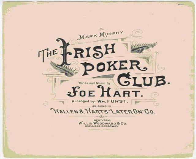 Ein Plakat mit der Aufschrift "The Irish Poker Club" in fetter schwarzer Schrift auf einem weißen Hintergrund, eingerahmt von einem schmalen schwarzen Rand, mit einer bunten Shamrock-Illustration.