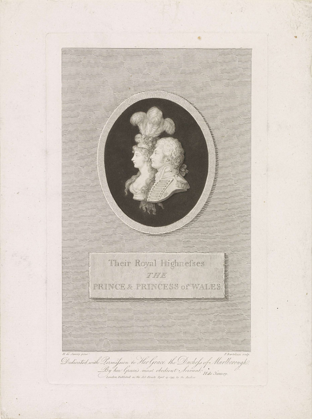 Ein Blatt mit einem gedruckten Bild des Prinzen und der Prinzessin von Wales neben dem Text.