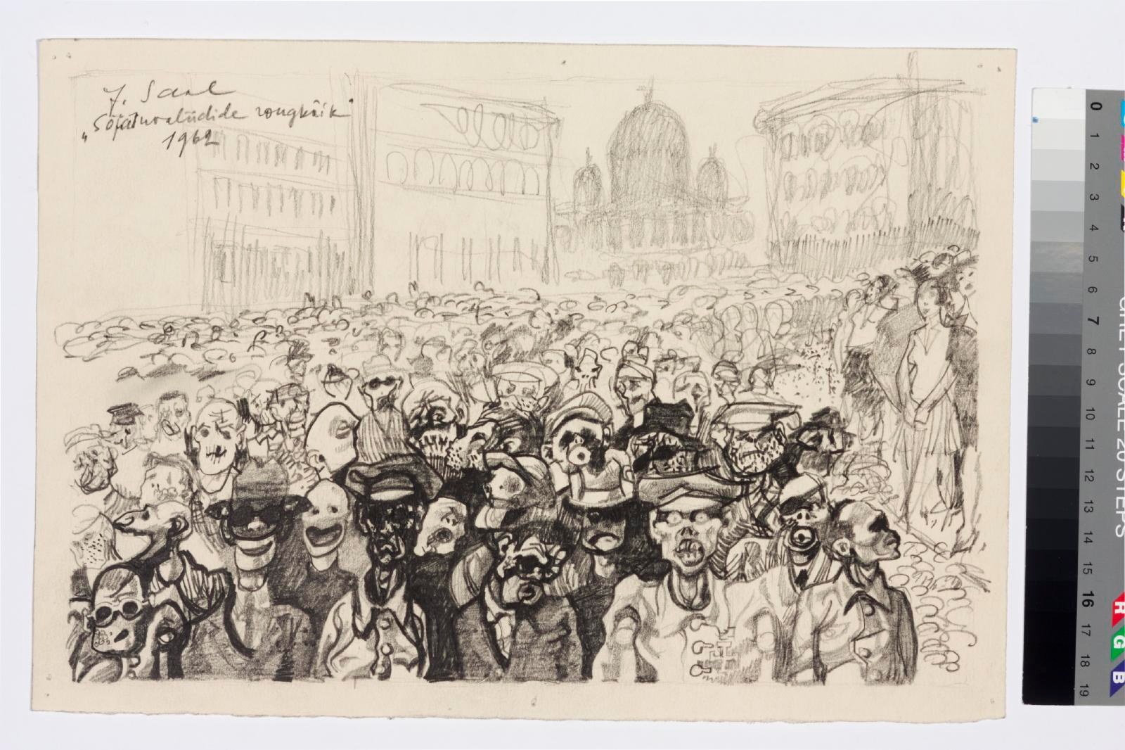 Schwarz-weiß-Zeichnung einer Demonstration mit Menschen, die schreien und gestikulieren, vor einem hohen Gebäude, mit Farbskalen auf der rechten Seite.