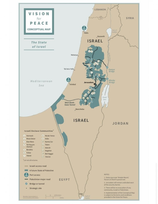 Plakat mit der Aufschrift "Vision für Frieden-Konzeptkarte" mit einer farbcodierten Karte Israels und fetter schwarzer Schrift oben.