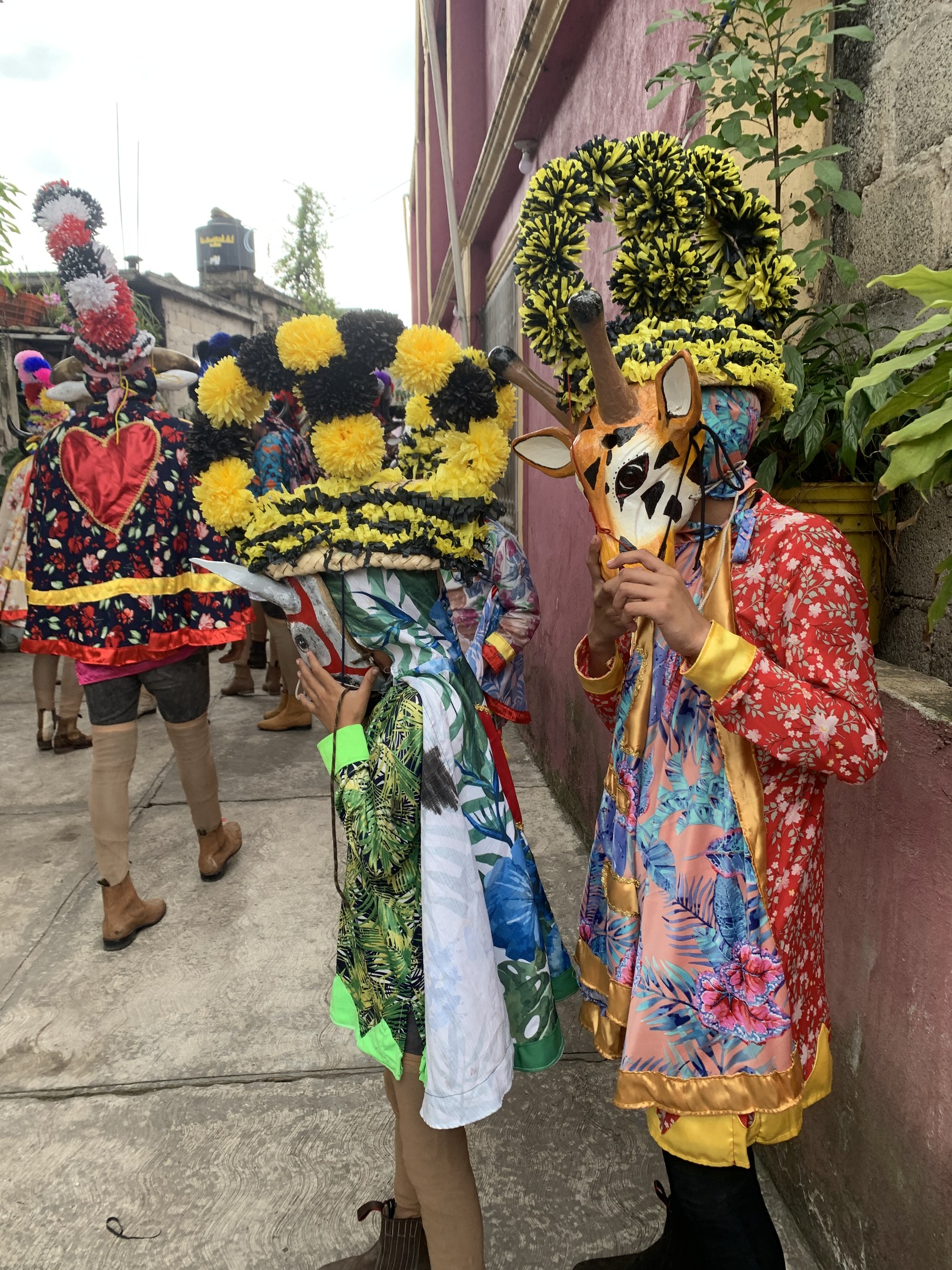Gruppe von Menschen in bunten Kostümen, die gemeinsam auf der Straße stehen und verschiedene Gegenstände halten, mit Bäumen, Gebäuden und einem klaren blauen Himmel im Hintergrund.