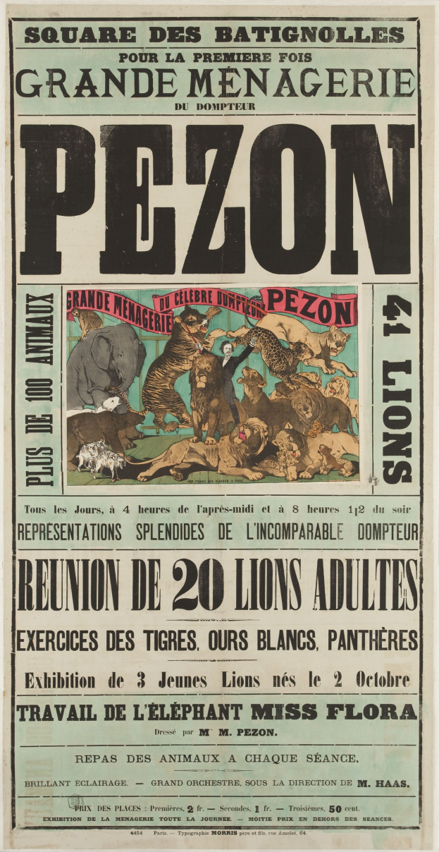 Ein Vintage-Zirkusposter mit einem Löwen, einer Giraffe, einem Zebra und einem Flusspferd.