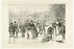 Gruppe von Menschen beim Eislaufen auf einer Outdoor-Eisbahn in einem Park mit Bäumen und einer Brücke im Hintergrund, beschriftet mit "Het us-vermaak in het vondelpark op zondag 10 januari 1887".