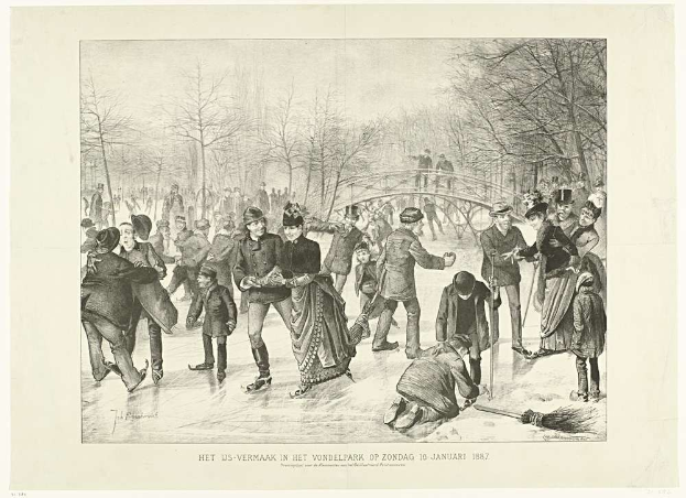 Gruppe von Menschen beim Eislaufen auf einer Outdoor-Eisbahn in einem Park mit Bäumen und einer Brücke im Hintergrund, beschriftet mit "Het us-vermaak in het vondelpark op zondag 10 januari 1887".