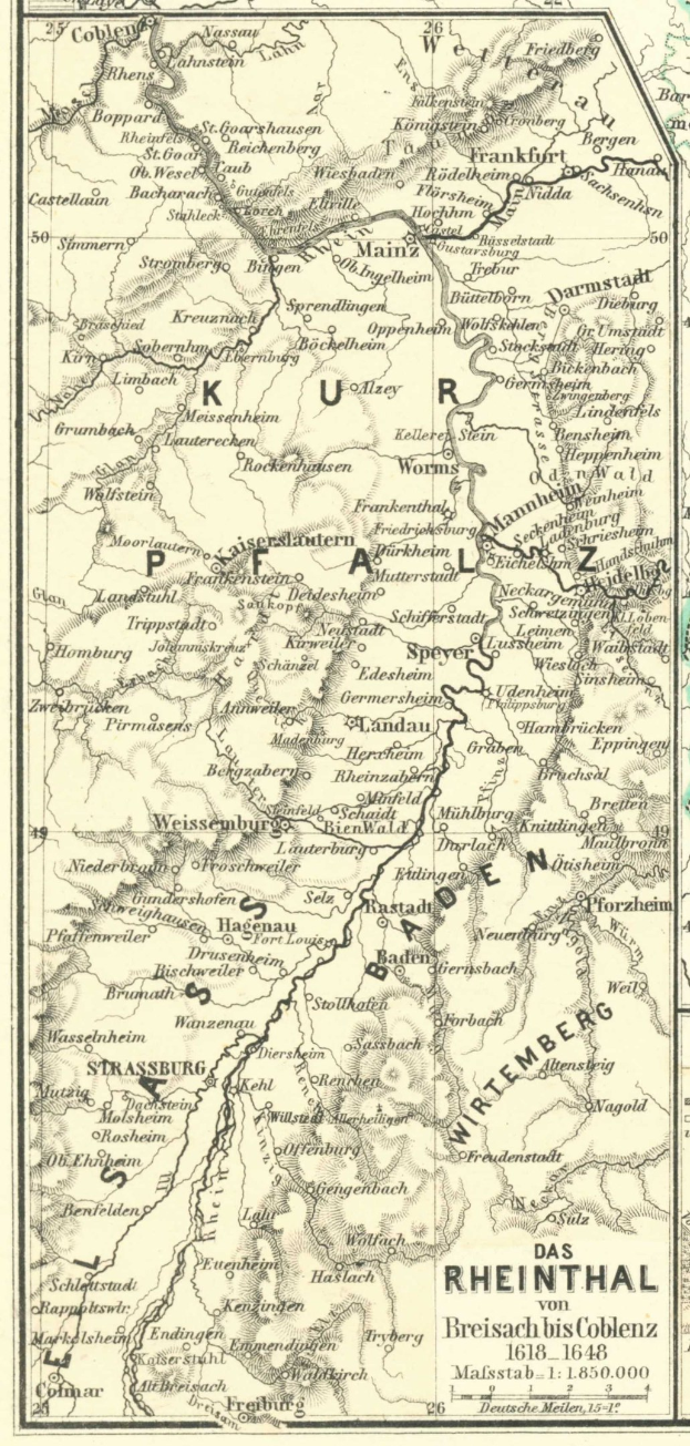 Alte Karte des Rheins in Deutschland, die Flüsse, Städte und Gewässer zeigt, mit Text oben und unten, der geografische Details bereitstellt.