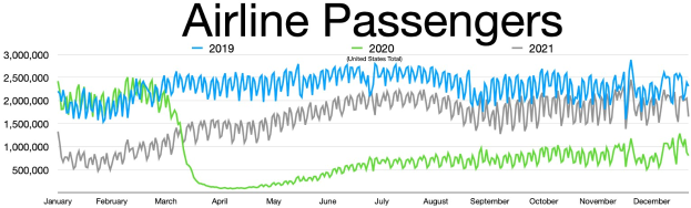 Eine Liniengraphik, die die Anzahl der Fluggesellschaftsreisenden in den Vereinigten Staaten von 2019 bis 2021 zeigt, mit begleitendem erklärendem Text.