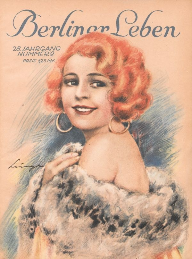 Frau mit rotem Haar in einem Nerzmantel auf dem Cover der Berliner Leben Zeitschrift im Stil der 1950er Jahre mit fetter schwarzer Schrift, die "Berliner Lebens" lautet.