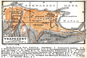 Ein detaillierter alter Stadtplan von Trapezunt, Deutschland, der Straßen, Gebäude, Sehenswürdigkeiten und Text mit Informationen über die Bevölkerung, Straßen und Sehenswürdigkeiten zeigt.
