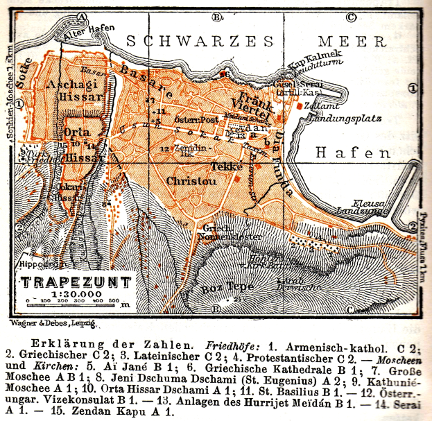 Ein detaillierter alter Stadtplan von Trapezunt, Deutschland, der Straßen, Gebäude, Sehenswürdigkeiten und Text mit Informationen über die Bevölkerung, Straßen und Sehenswürdigkeiten zeigt.