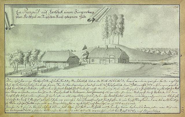 Ein altes Dokument mit einer Zeichnung eines Hofs in einem Feld, umgeben von Häusern, Bäumen und einem Himmel, mit der Aufschrift "Surgensburg, Deutschland - Landschaft eines Hofs".