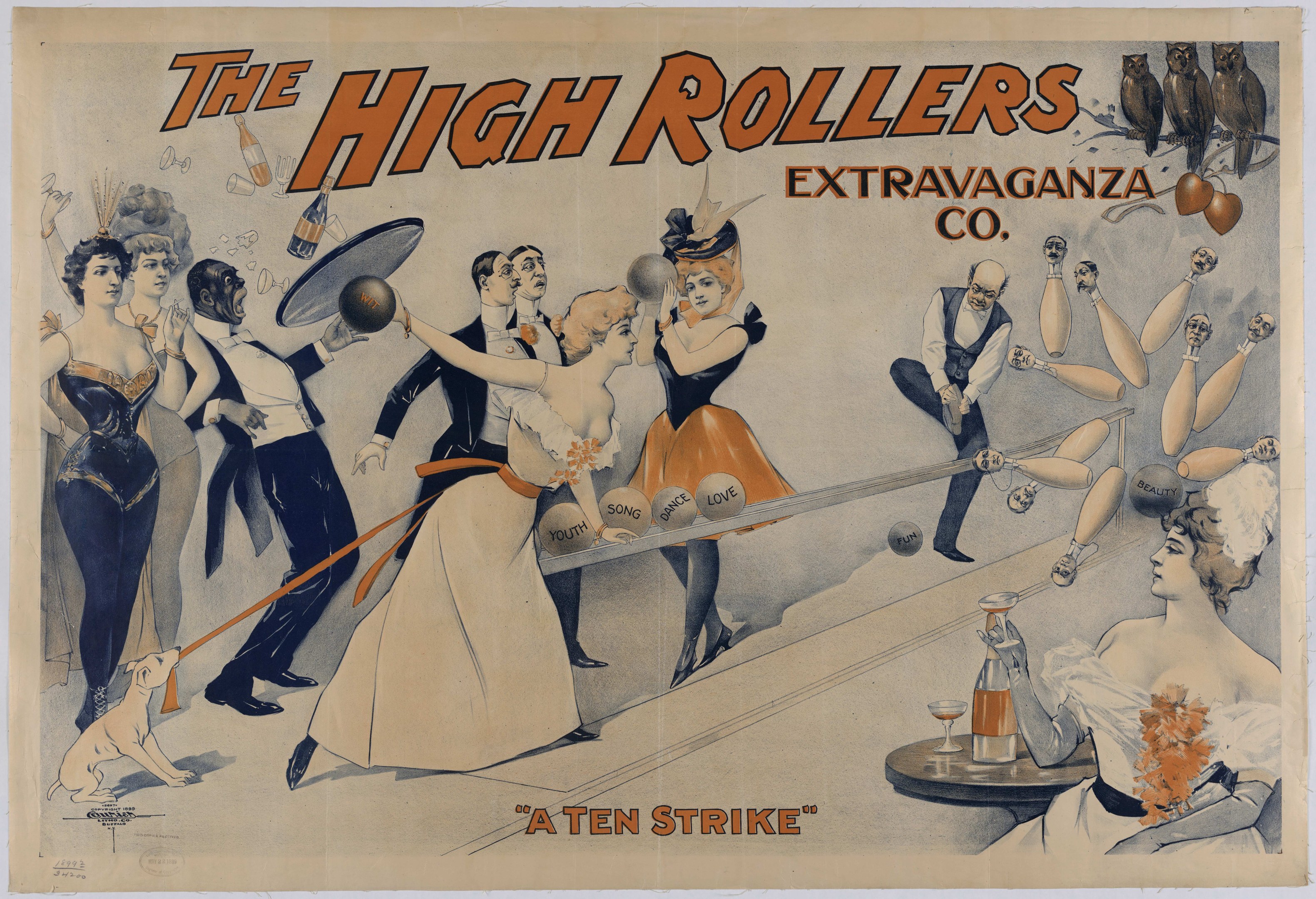 Plakat aus den 1920er Jahren, das die High Rollers Extravaganza Co. bewirbt, mit einer Gruppe von Menschen in 1920er-Jahre-Kleidung, die Bowling spielen, und dem Text 'Ein Zehner' oben sowie einem vintagefarbenen Farbschema aus Blauen, Grünen und Gelben.