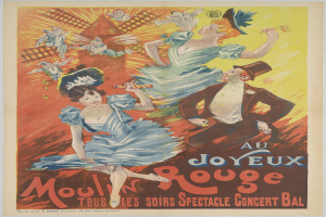 Ein Plakat, das ein Moulin Rouge-Konzert in Paris, Frankreich, ankündigt, mit einem leuchtend roten Hintergrund, Menschen, die in bunten Kostümen tanzen, und der Schriftzug "Moulin Rouge" in fetter, weißer Schrift.